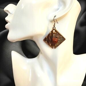 Vtg Geometric Art Deco Rustic Mixed Metal Dangle Gemstone Earrings